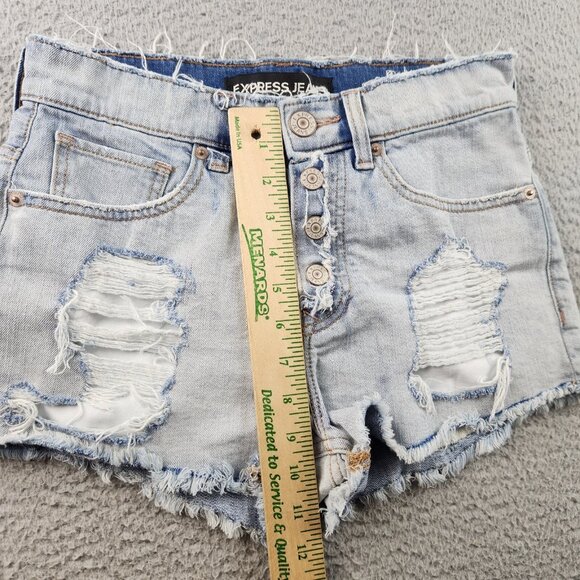 Women's Size 2 Blue Hot Pants Stretch Shorts Raw Hem Button Fly Booty Summer - Picture 6 of 10